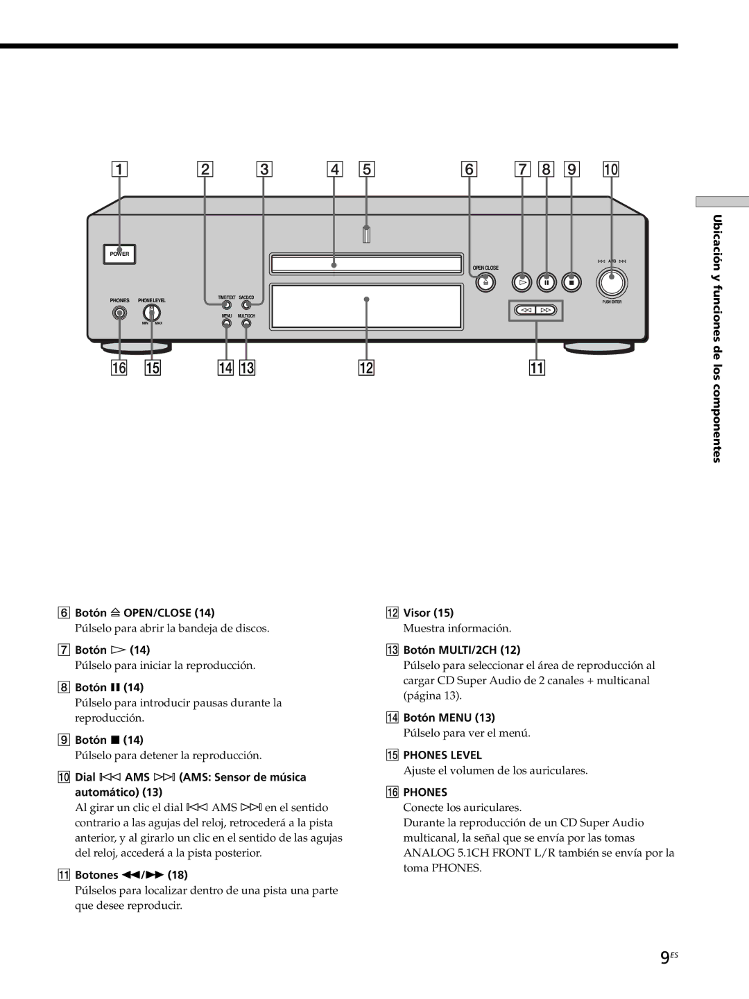 Sony SCD-XB770 Ubicación y funciones de los componentes Botón a OPEN/CLOSE, Botón H, Botón X, Qa Botones m/M, Qs Visor 