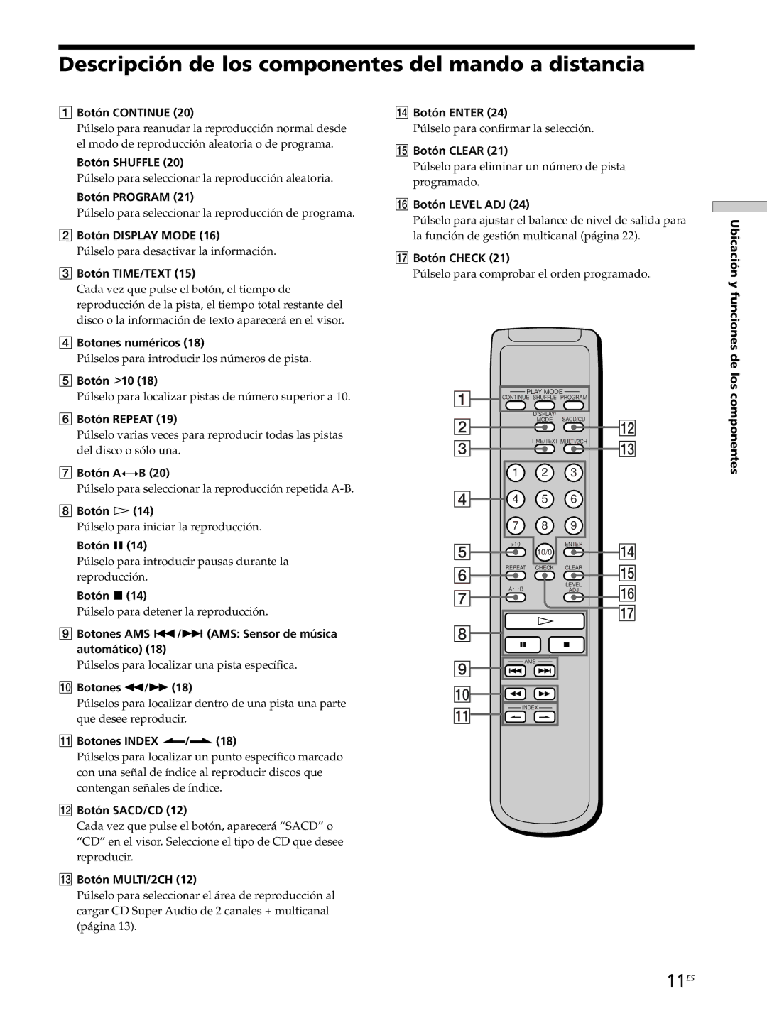 Sony SCD-XB770 operating instructions Descripción de los componentes del mando a distancia, 11ES 