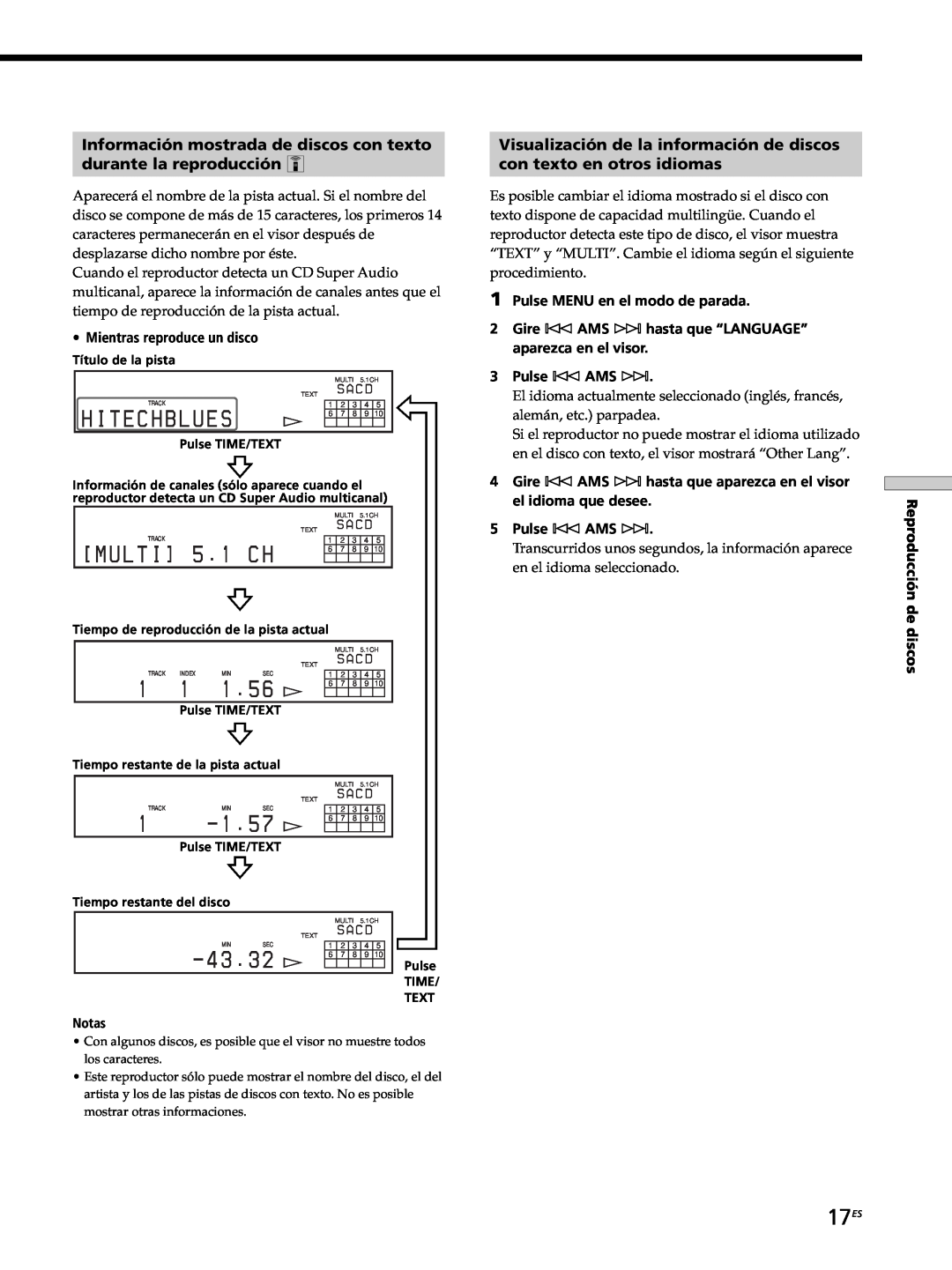 Sony SCD-XB770 17ES, Información mostrada de discos con texto, durante la reproducción Z, con texto en otros idiomas 