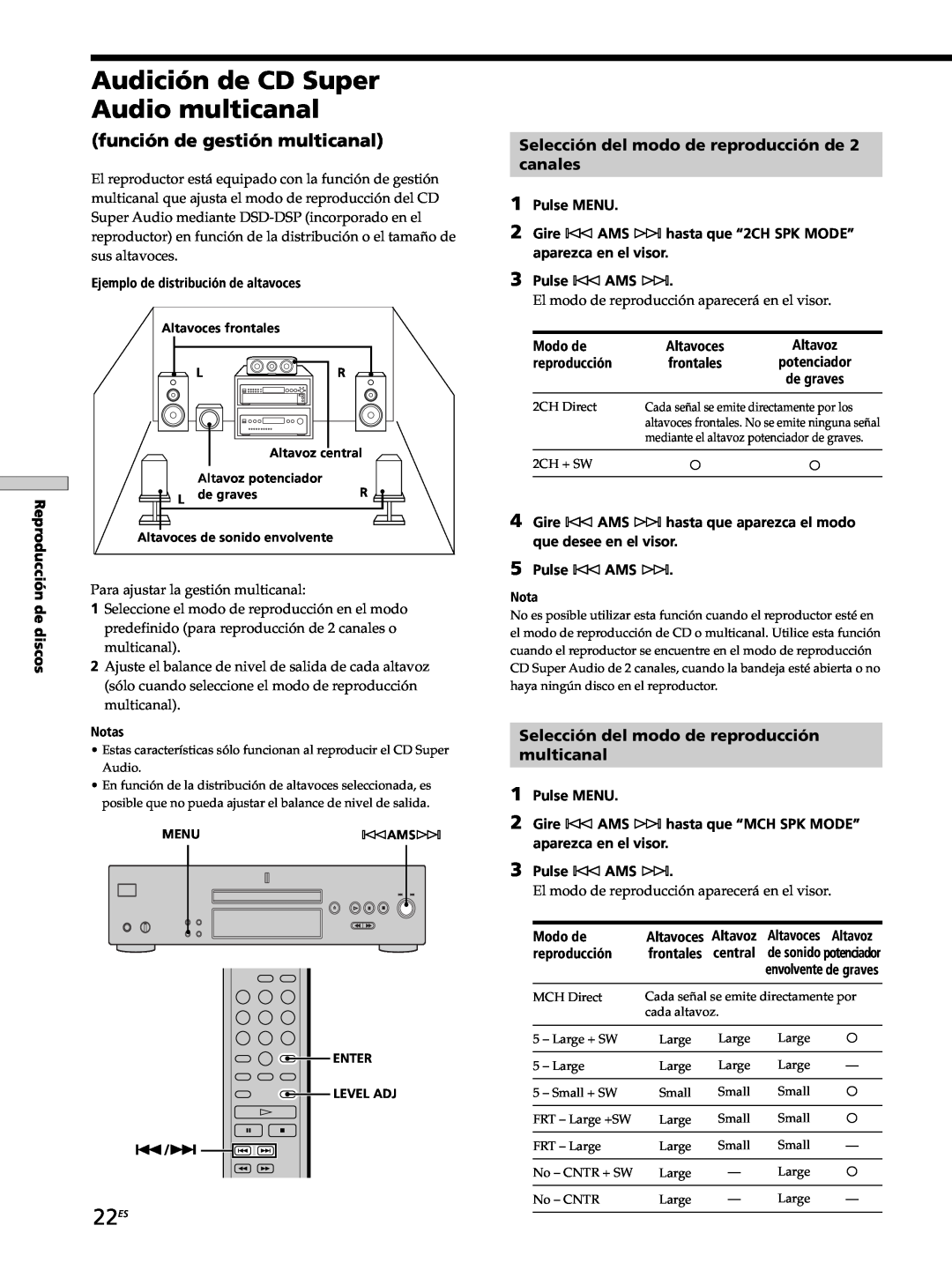 Sony SCD-XB770 operating instructions Audición de CD Super Audio multicanal, 22ES, función de gestión multicanal 