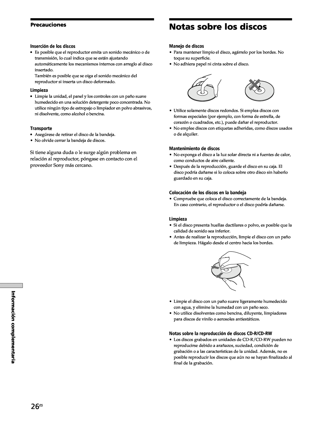 Sony SCD-XB770 operating instructions Notas sobre los discos, 26ES, Precauciones 