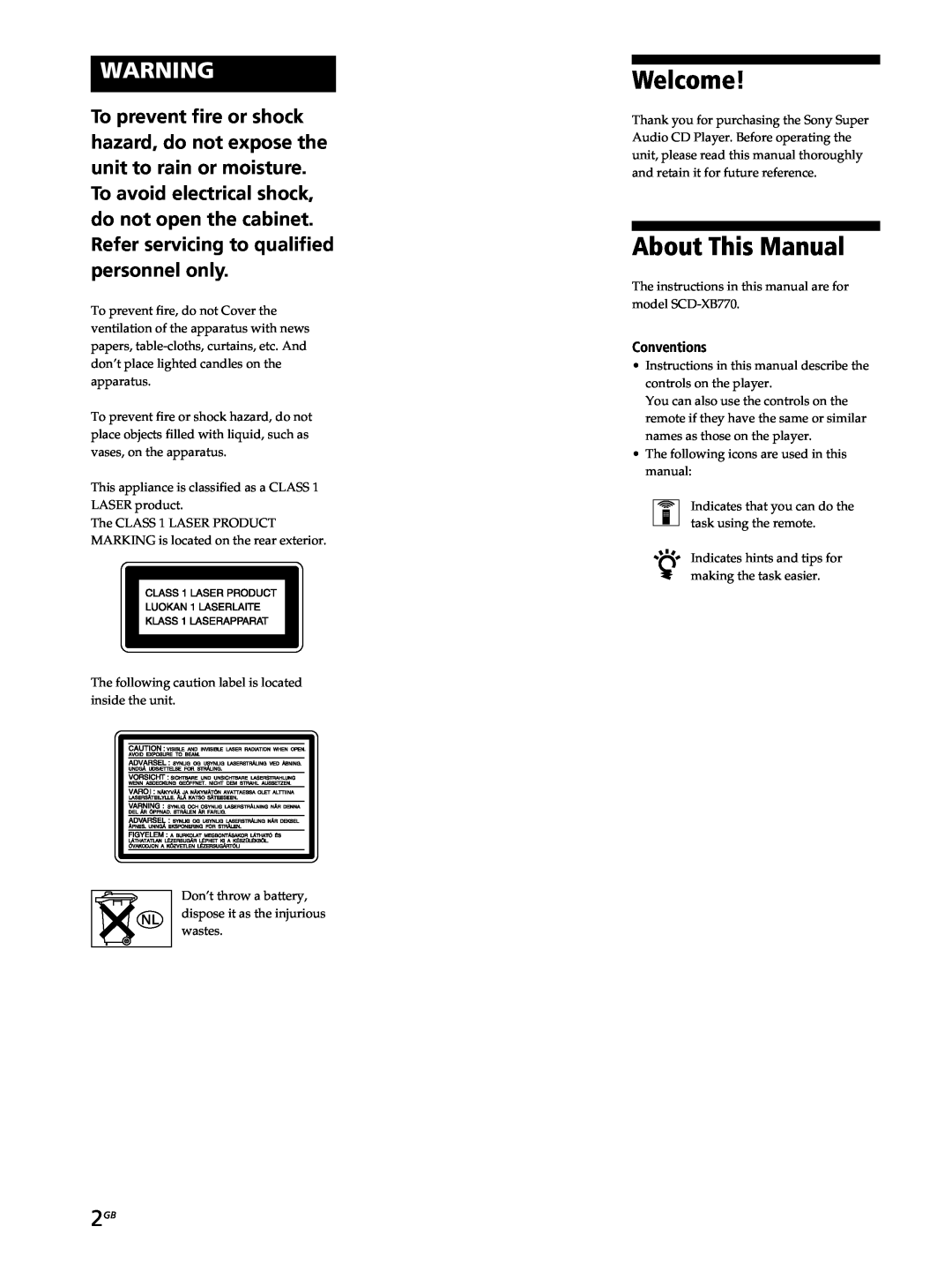 Sony SCD-XB770 operating instructions Welcome, About This Manual, Conventions 
