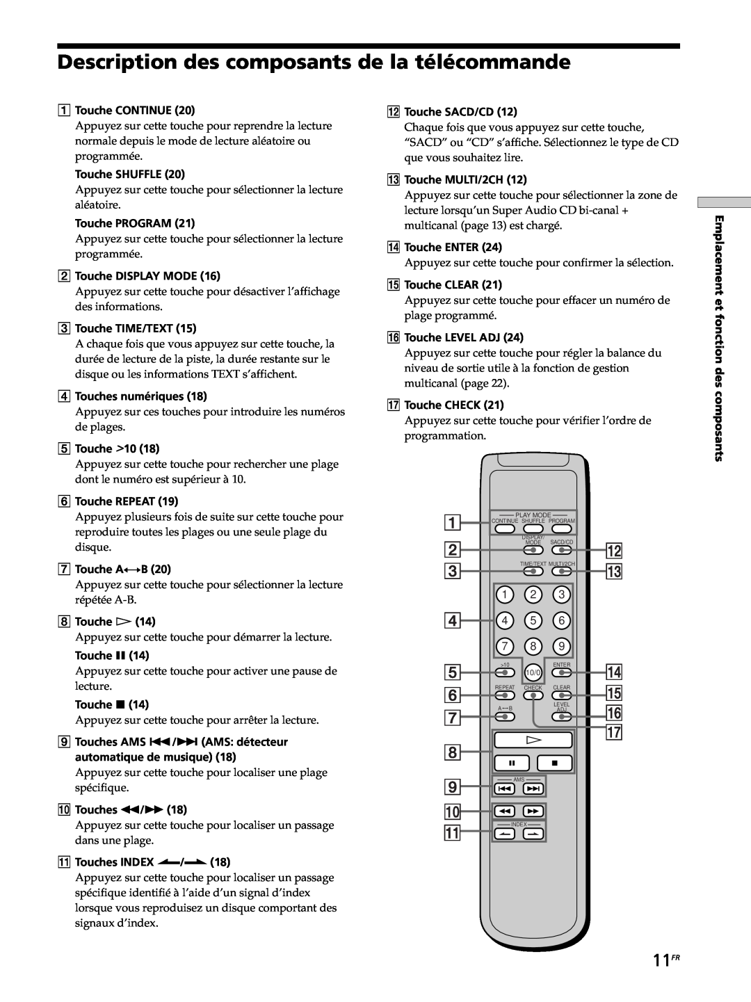 Sony SCD-XB770 operating instructions Description des composants de la télécommande, 11FR 
