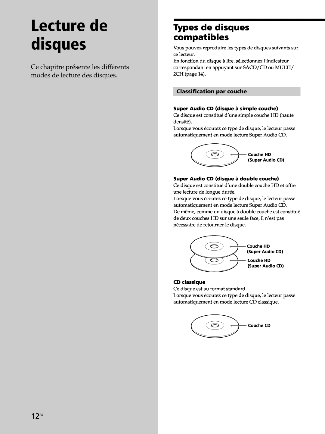 Sony SCD-XB770 operating instructions Lecture de disques, Types de disques compatibles, 12FR, Classification par couche 