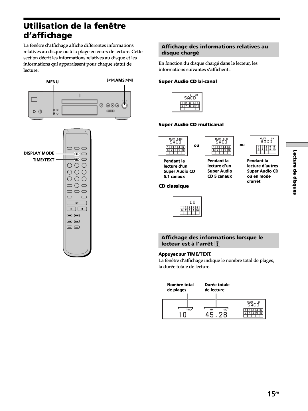 Sony SCD-XB770 Utilisation de la fenêtre d’affichage, 15FR, Affichage des informations relatives au, disque chargé 