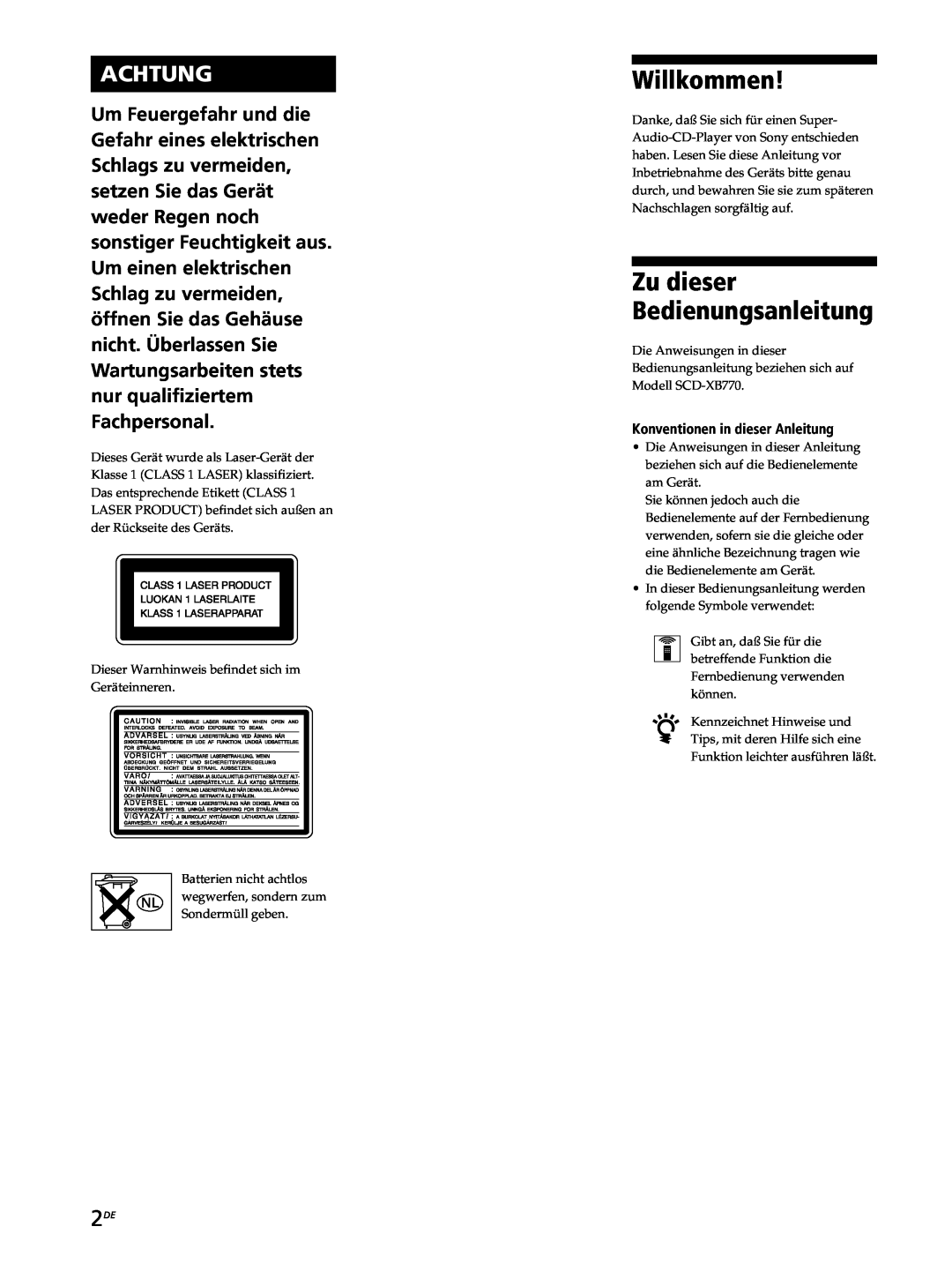 Sony SCD-XB770 operating instructions Willkommen, Achtung, Zu dieser Bedienungsanleitung 