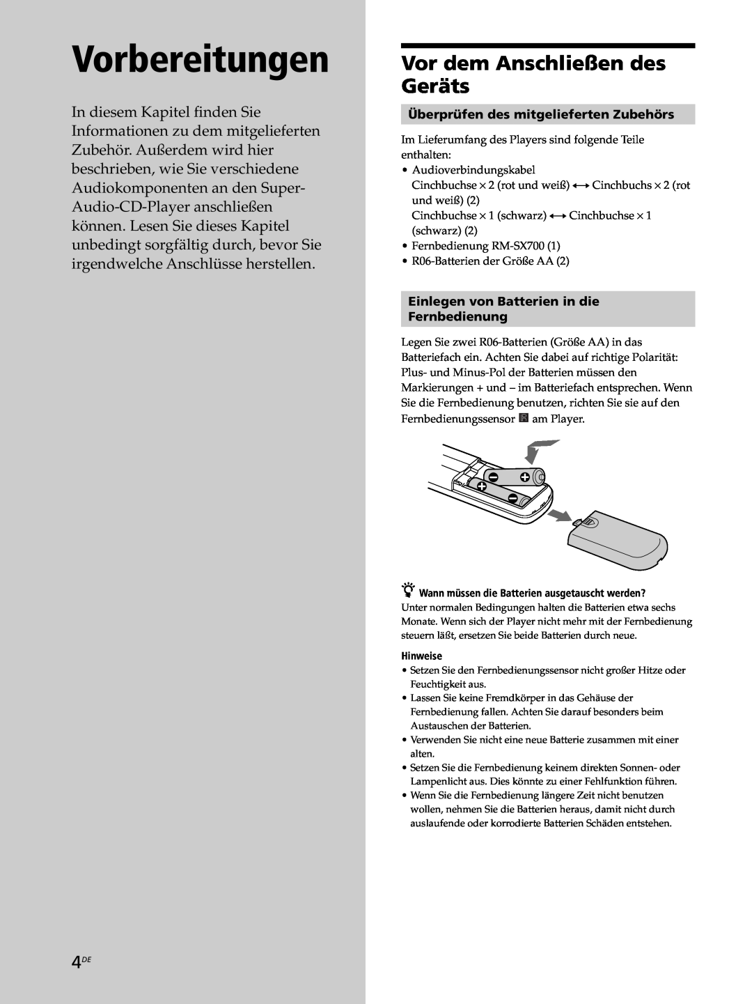 Sony SCD-XB770 Vorbereitungen, Vor dem Anschließen des Geräts, Überprüfen des mitgelieferten Zubehörs 