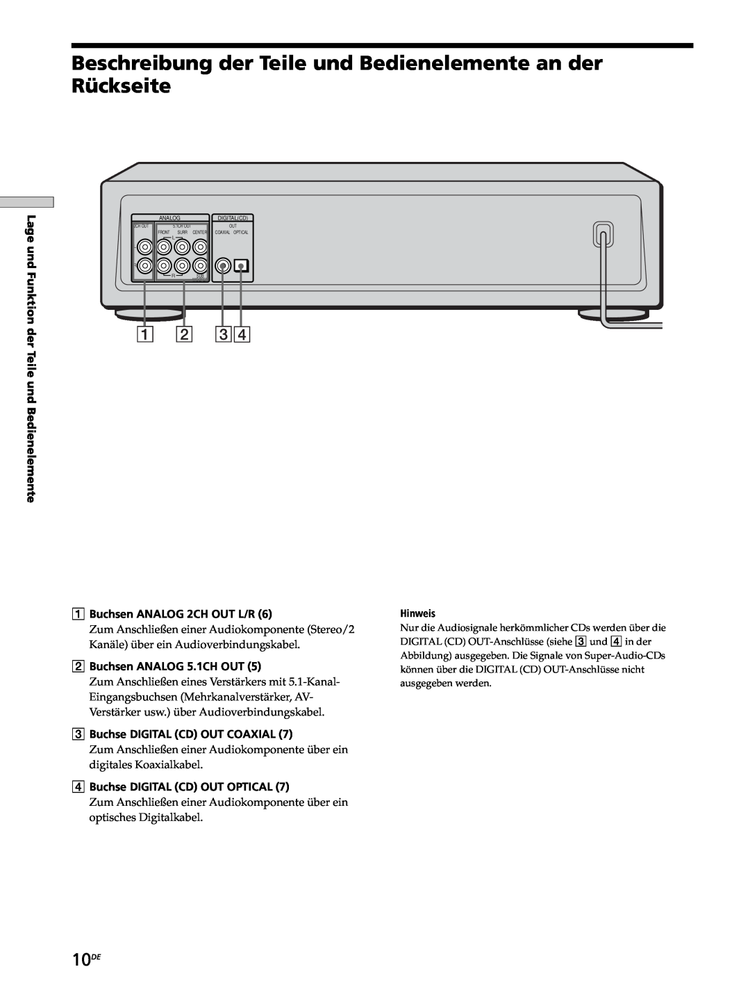 Sony SCD-XB770 operating instructions 10DE, Lage und Funktion der Teile und Bedienelemente, 1Buchsen ANALOG 2CH OUT L/R 