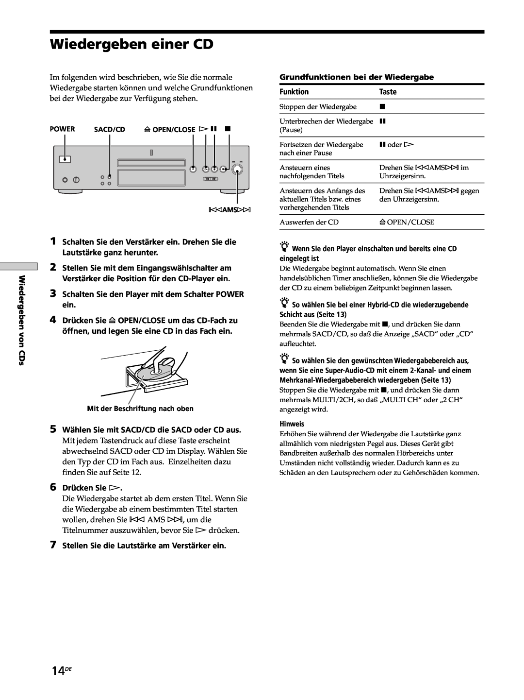 Sony SCD-XB770 operating instructions Wiedergeben einer CD, 14DE 