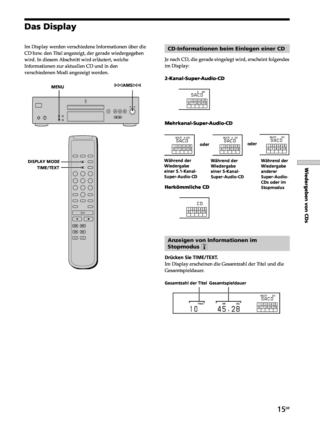 Sony SCD-XB770 Das Display, 15DE, CD-Informationenbeim Einlegen einer CD, Anzeigen von Informationen im Stopmodus Z 