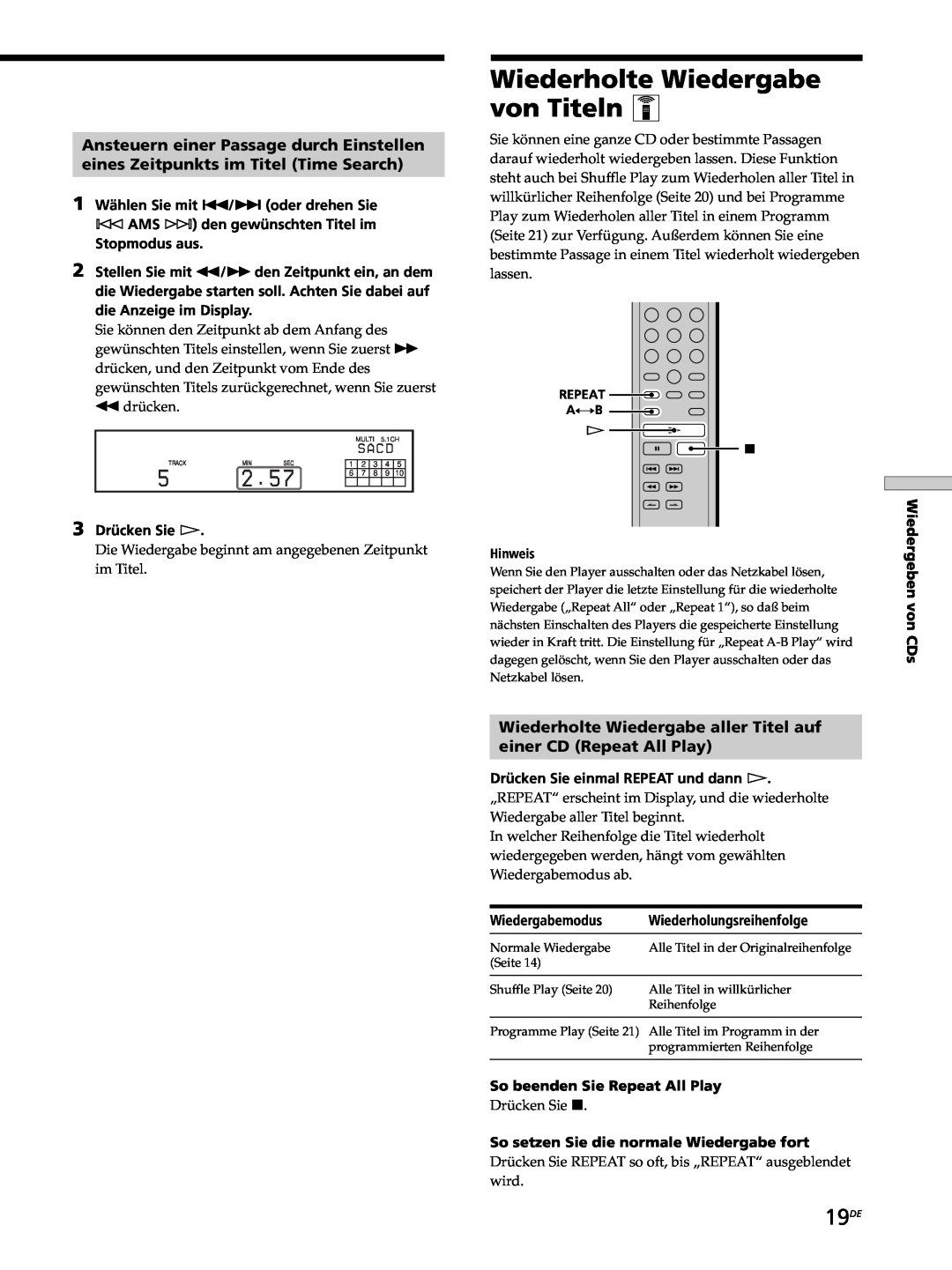 Sony SCD-XB770 operating instructions Wiederholte Wiedergabe von Titeln Z, 19DE, Ansteuern einer Passage durch Einstellen 