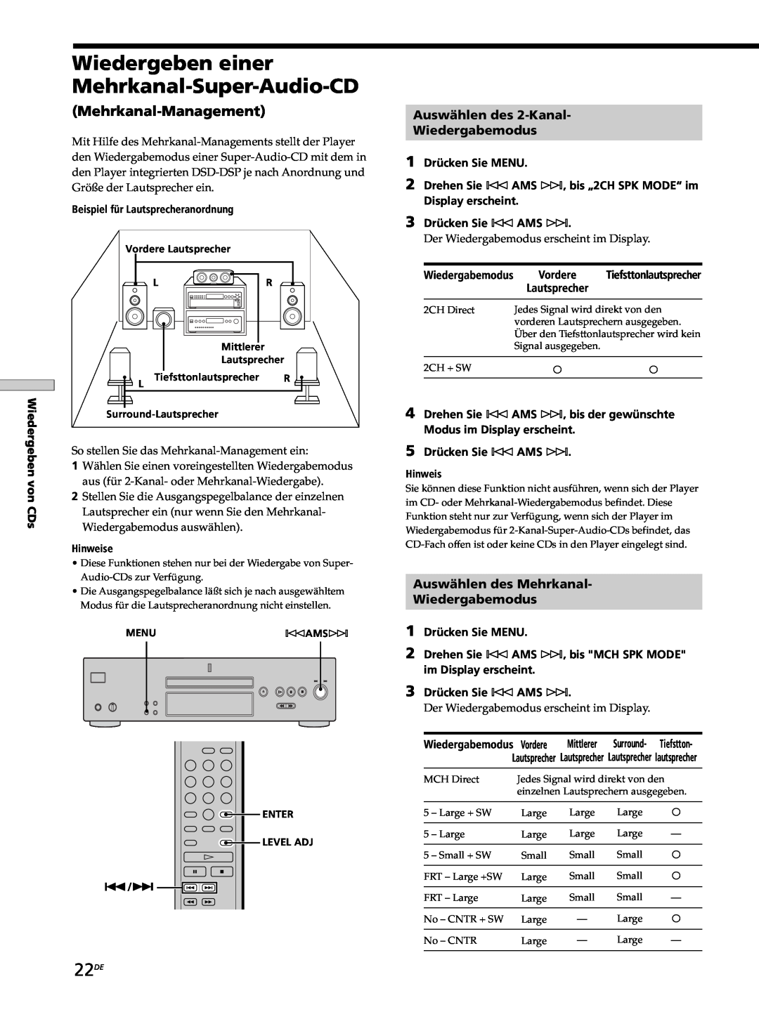 Sony SCD-XB770 operating instructions Wiedergeben einer Mehrkanal-Super-Audio-CD, 22DE, Mehrkanal-Management 