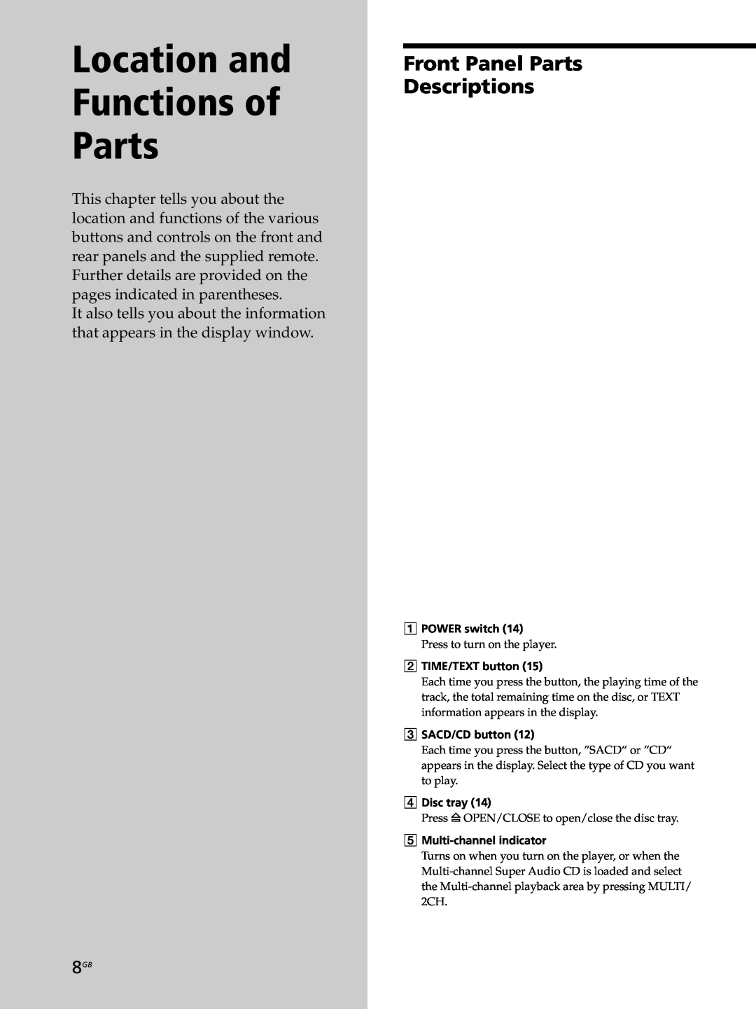 Sony SCD-XB770 operating instructions Location and Functions of Parts, Front Panel Parts Descriptions 
