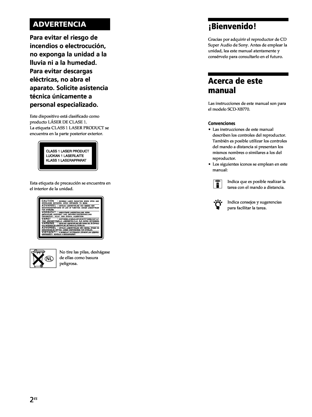 Sony SCD-XB770 operating instructions ¡Bienvenido, Acerca de este manual, Advertencia 