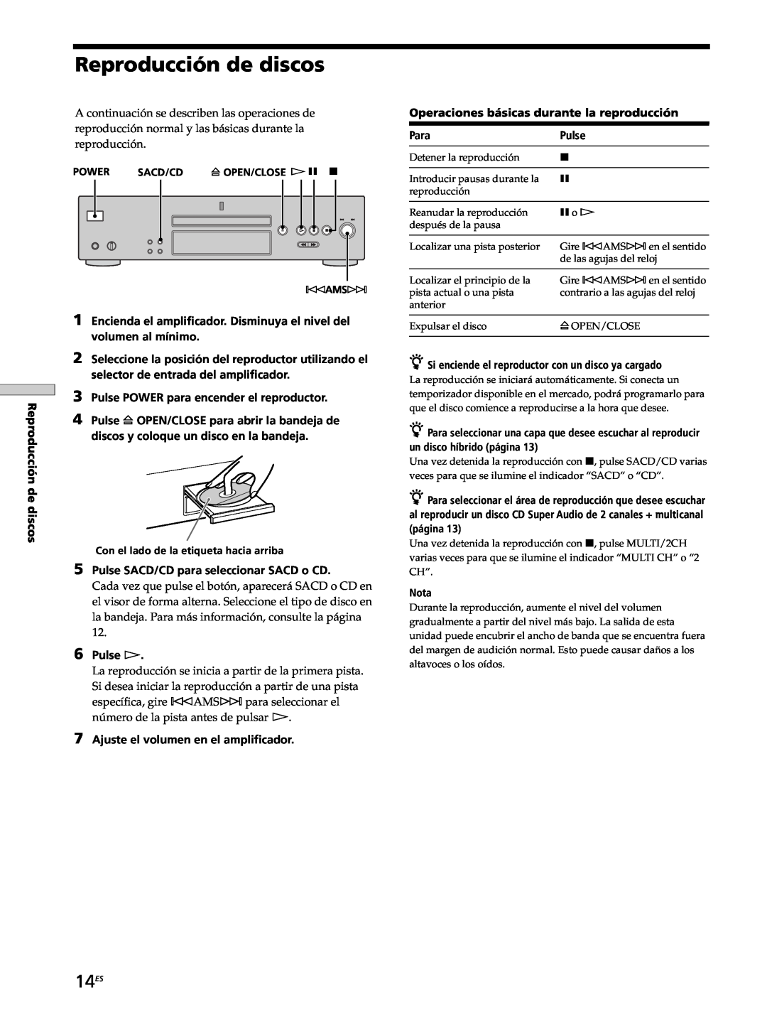 Sony SCD-XB770 operating instructions Reproducción de discos, 14ES 