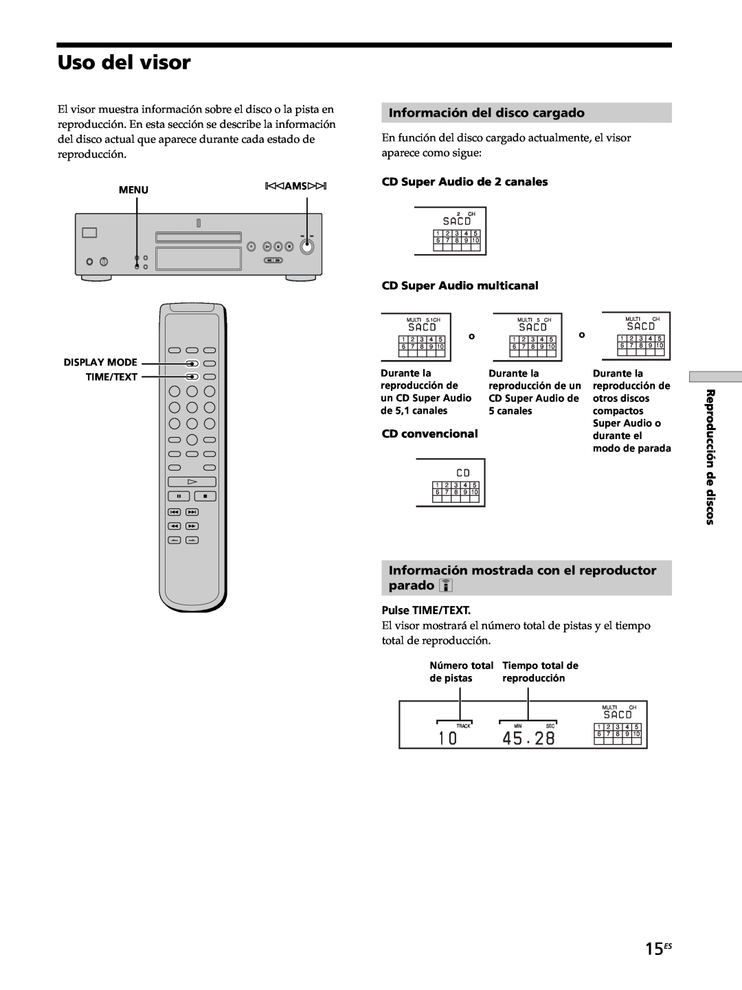 Sony SCD-XB770 Uso del visor, 15ES, Información del disco cargado, Información mostrada con el reproductor parado Z 
