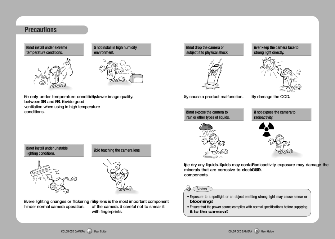 Sony SCH-735 manual Precautions, Do not install in high humidity environment, Lighting conditions 