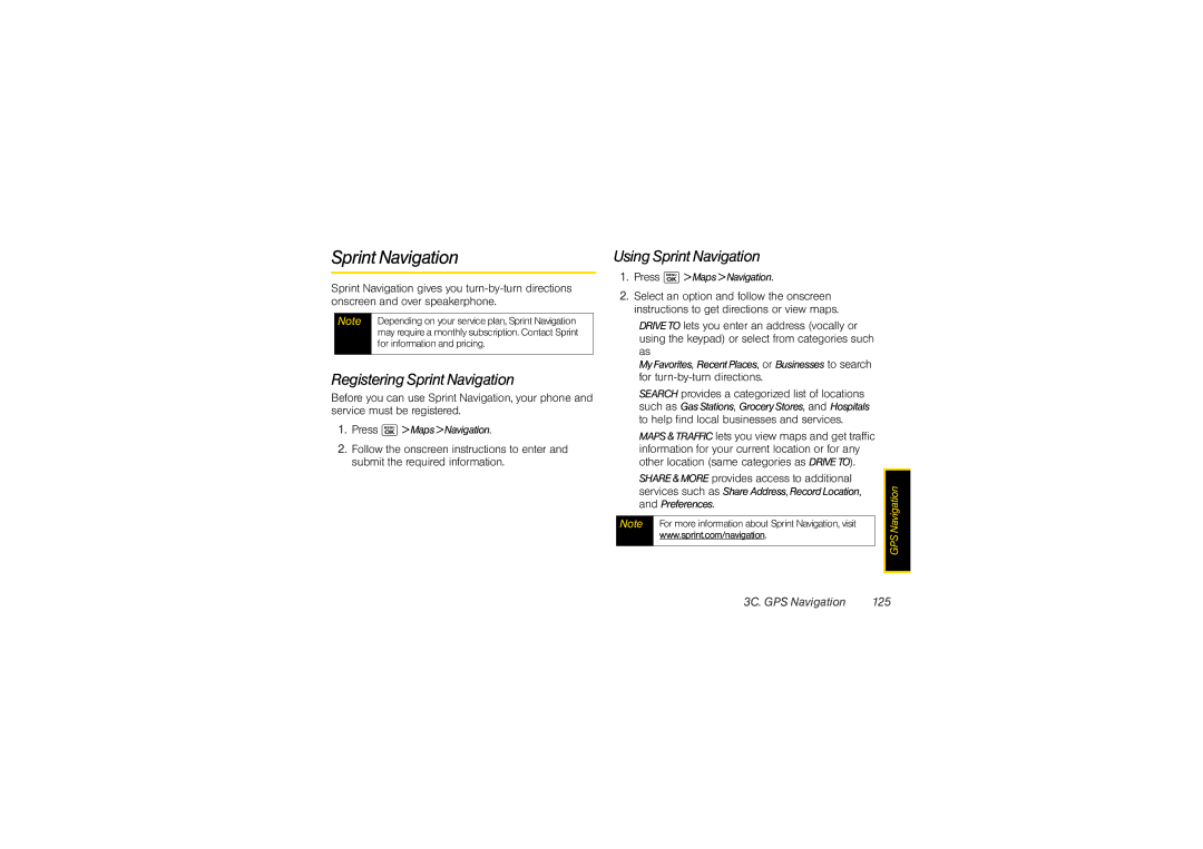 Sony SCP3810 manual Registering Sprint Navigation, Using Sprint Navigation, 3C. GPS Navigation 125 