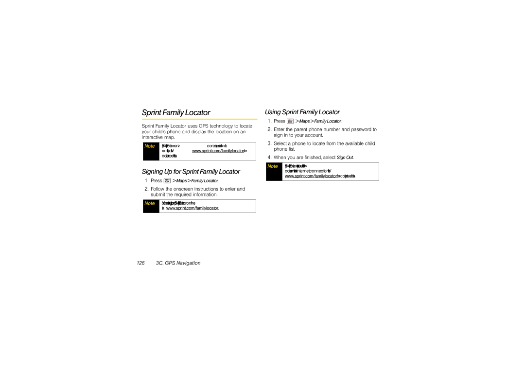 Sony SCP3810 manual Signing Up for Sprint Family Locator, Using Sprint Family Locator, 126 3C. GPS Navigation 