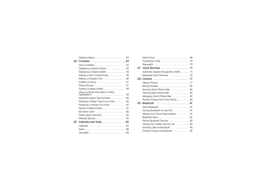 Sony SCP3810 manual 2D. Contacts, 2E. Calendar and Tools, 2F. Voice Services, 2G. Camera, 2H. Bluetooth 