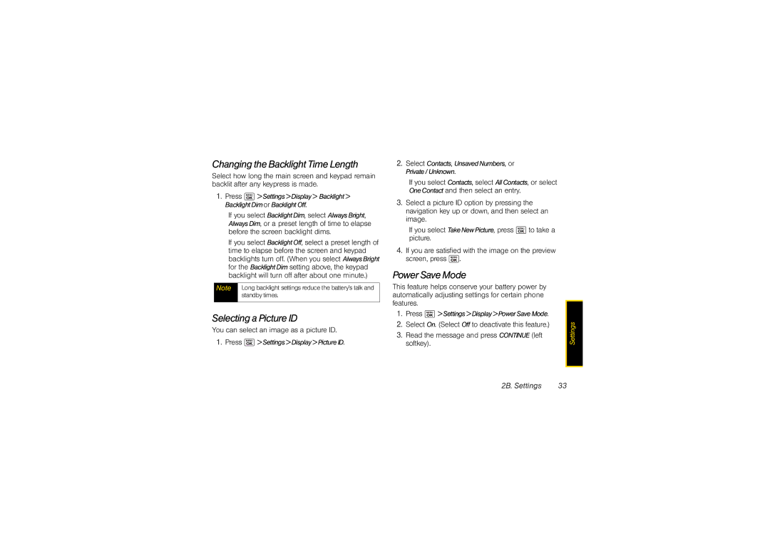 Sony SCP3810 manual Changing the Backlight Time Length, Selecting a Picture ID, Power Save Mode, 2B. Settings 