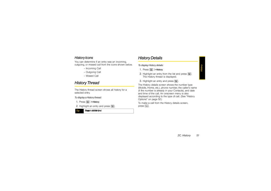 Sony SCP3810 manual History Thread, History Details, History Icons 