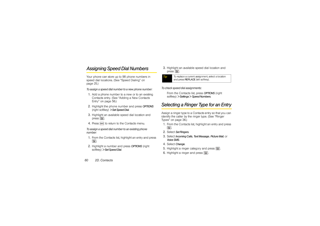 Sony SCP3810 Assigning Speed Dial Numbers, Selecting a Ringer Type for an Entry, Toassignaspeeddialnumbertoanewphonenumber 