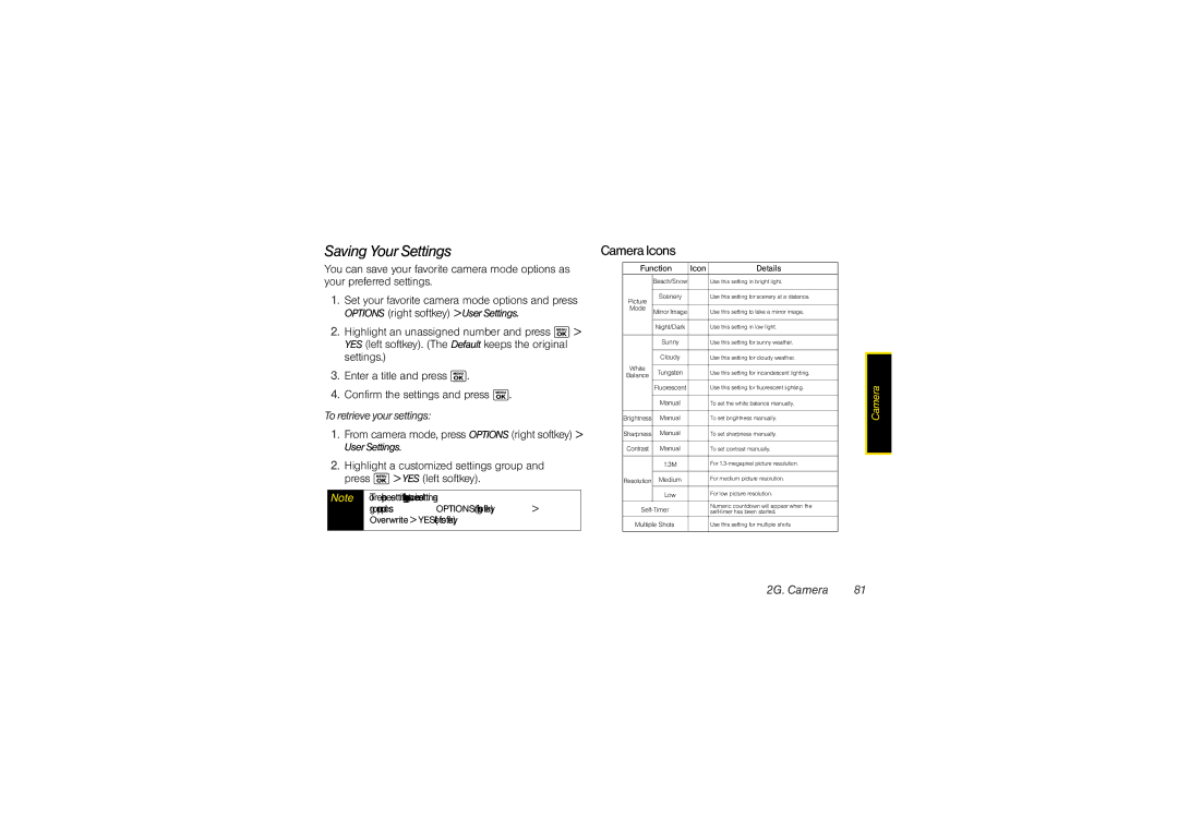 Sony SCP3810 manual Saving Your Settings, CameraIcons, Toretrieveyoursettings 