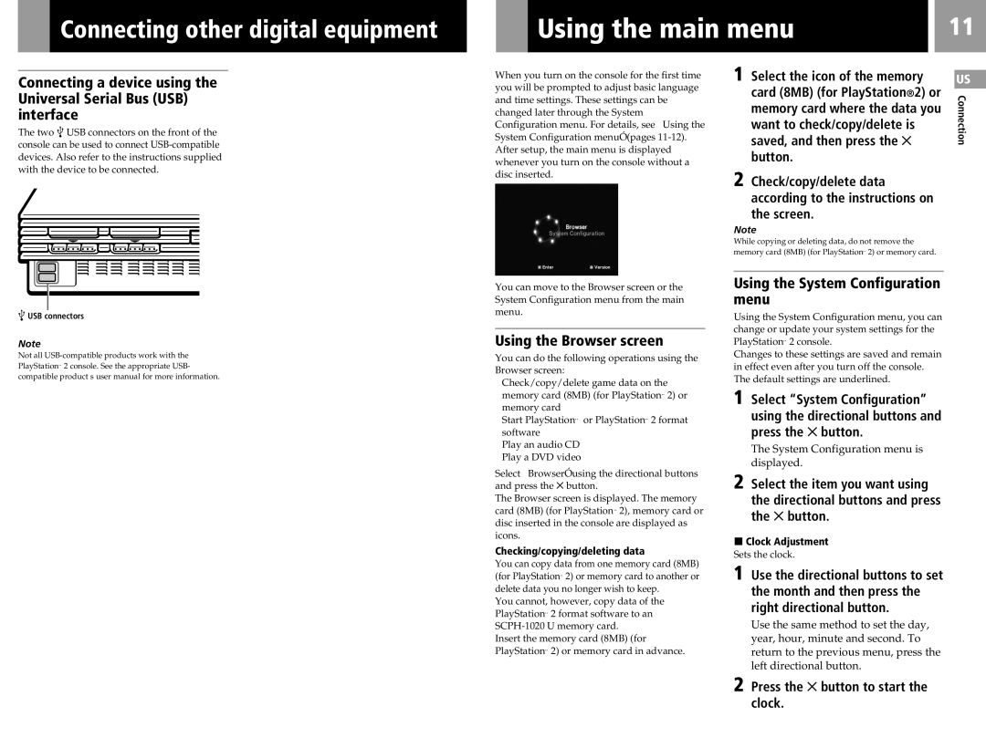 Sony SCPH-50011 instruction manual Using the main menu, Using the Browser screen, Using the System Configuration menu 