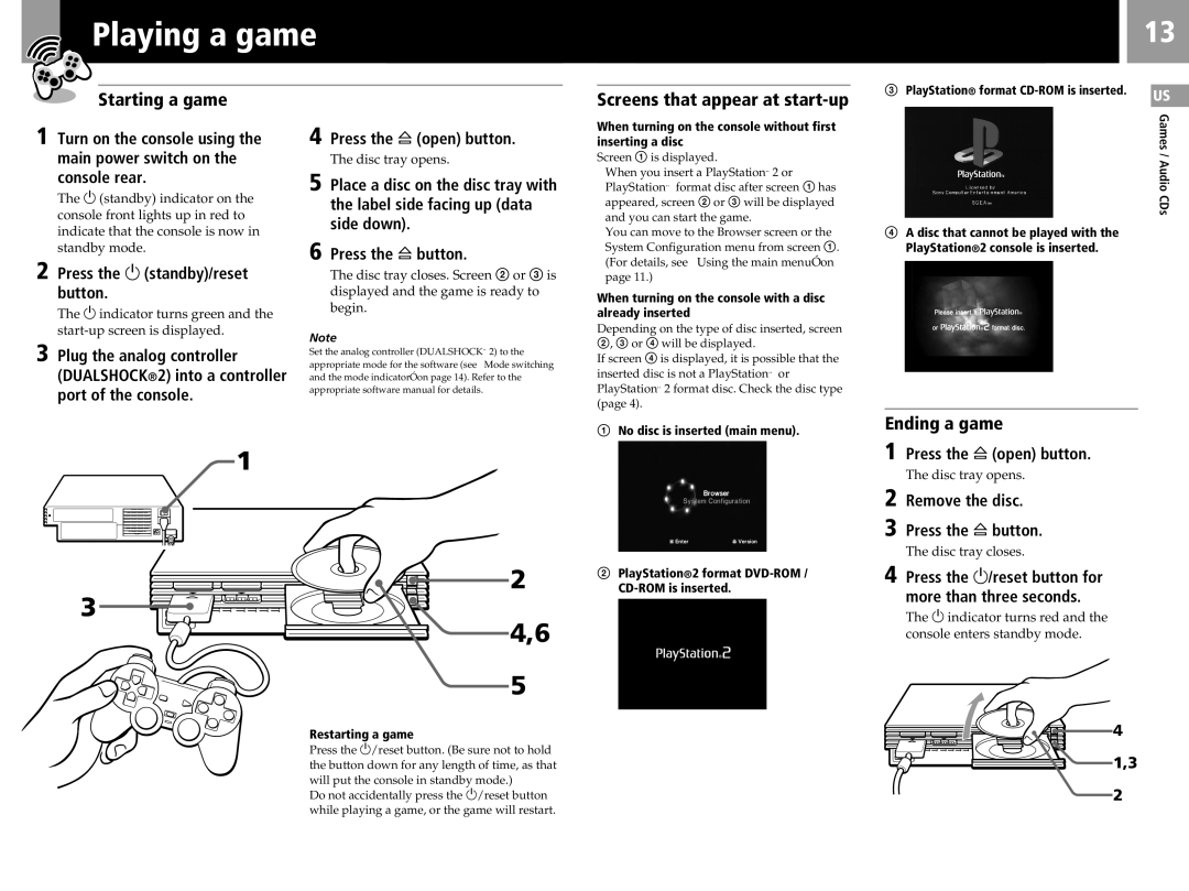 Sony SCPH-50011 instruction manual Playing a game, Starting a game, Screens that appear at start-up, Ending a game 