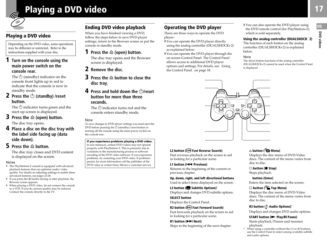 Sony SCPH-50011 instruction manual Playing a DVD video, Ending DVD video playback, Operating the DVD player 