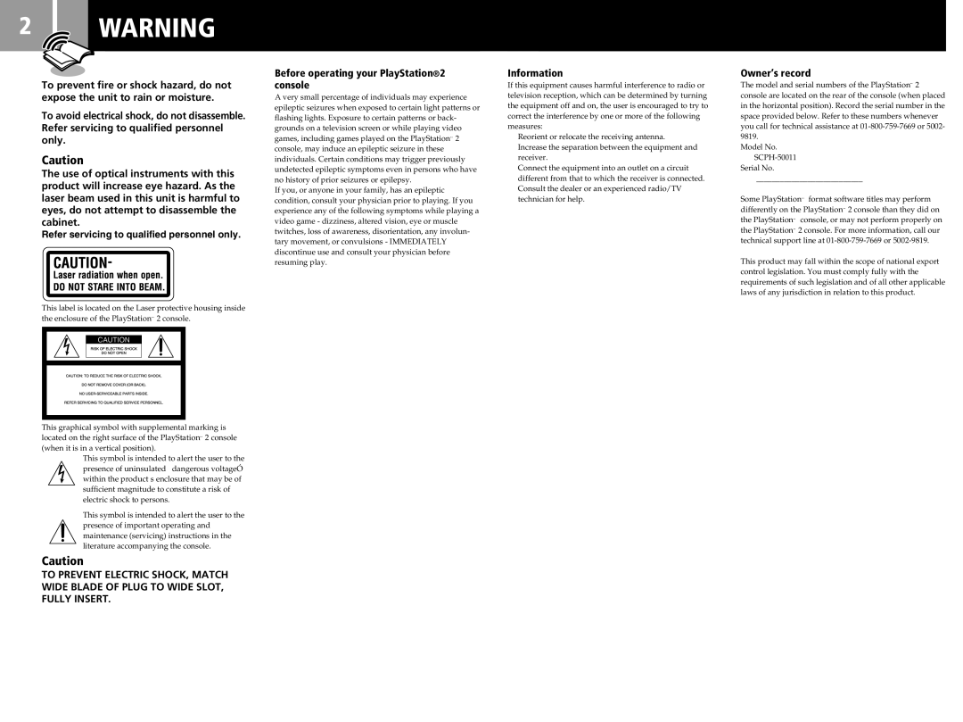 Sony SCPH-50011 instruction manual Before operating your PlayStation2 console, Information, Owner’s record 