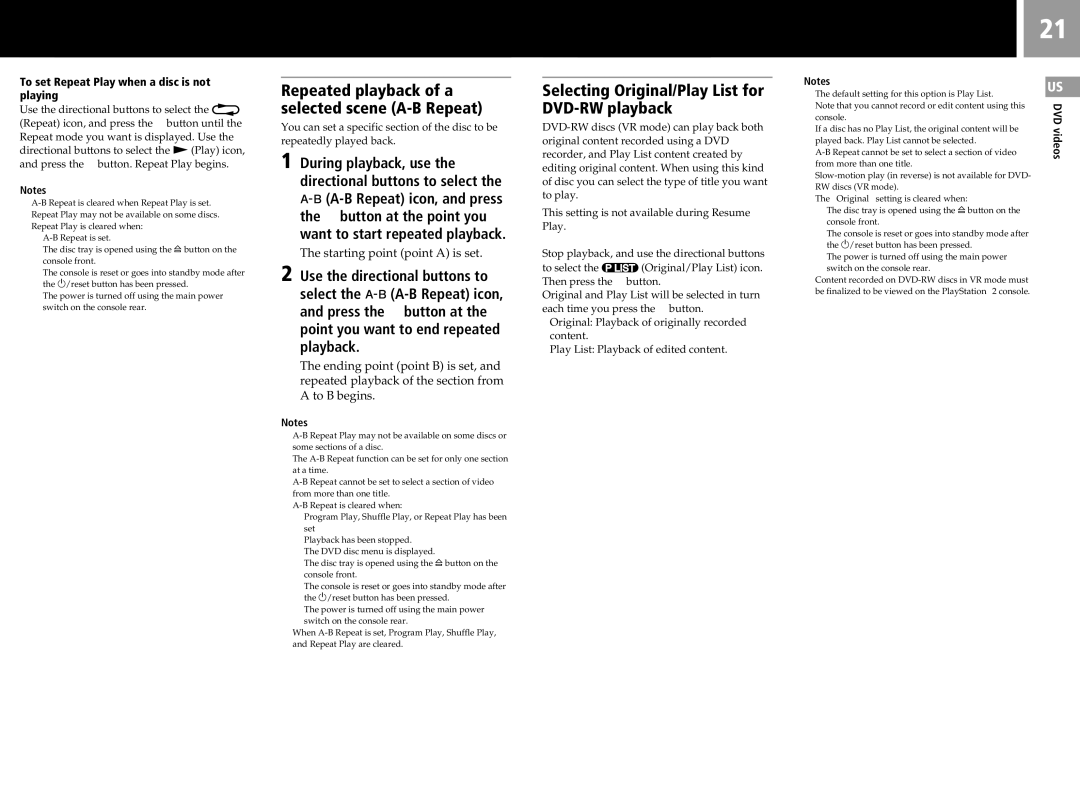 Sony SCPH-50011 Selecting Original/Play List for DVD-RW playback, Repeated playback of a selected scene A-B Repeat 