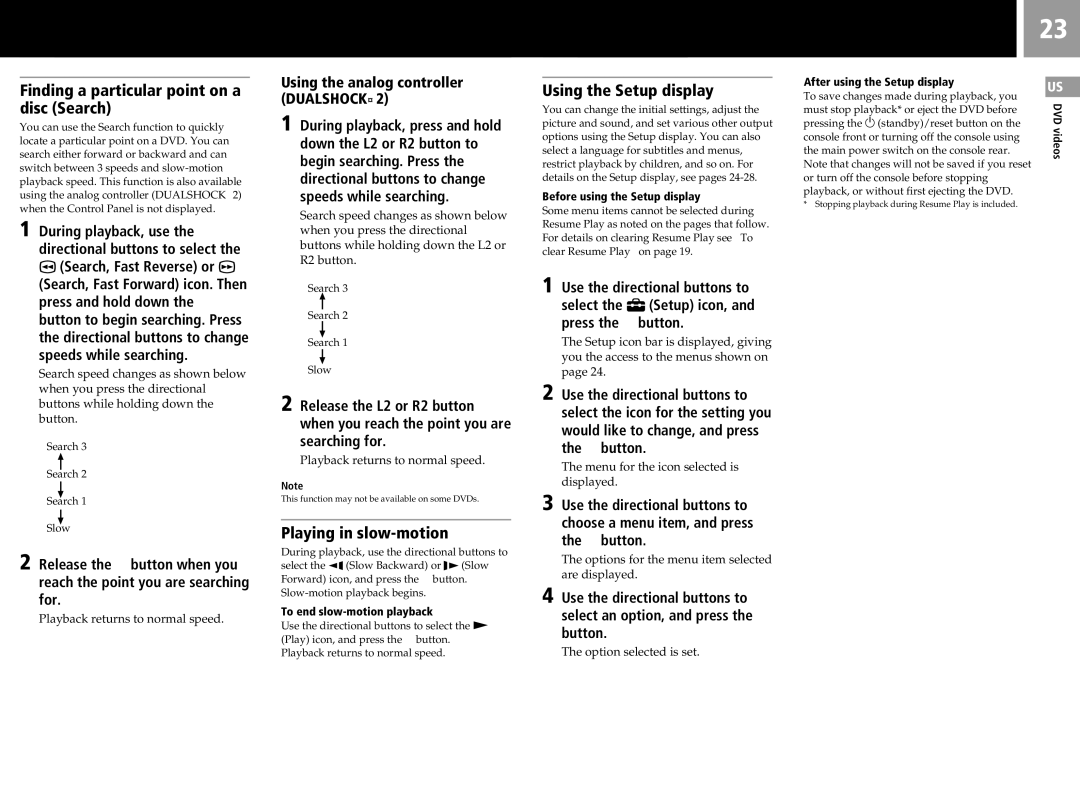 Sony SCPH-50011 Finding a particular point on a disc Search, Playing in slow-motion, Using the Setup display 
