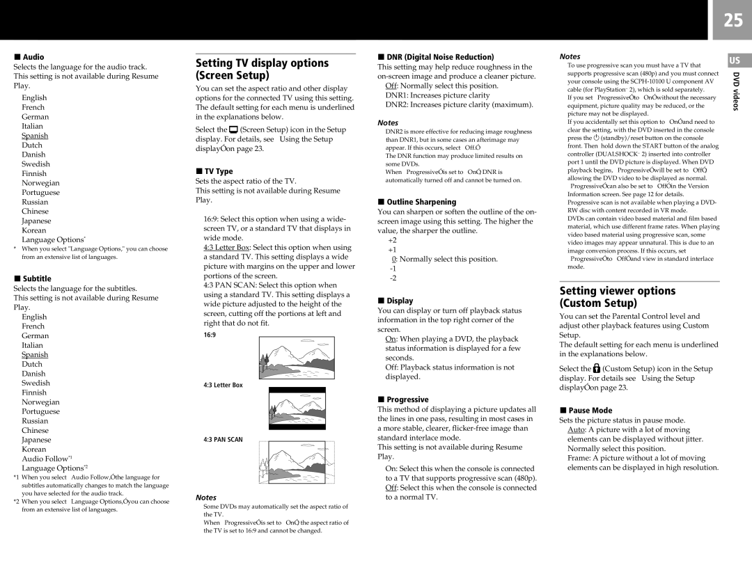 Sony SCPH-50011 instruction manual Setting TV display options Screen Setup, Setting viewer options Custom Setup 