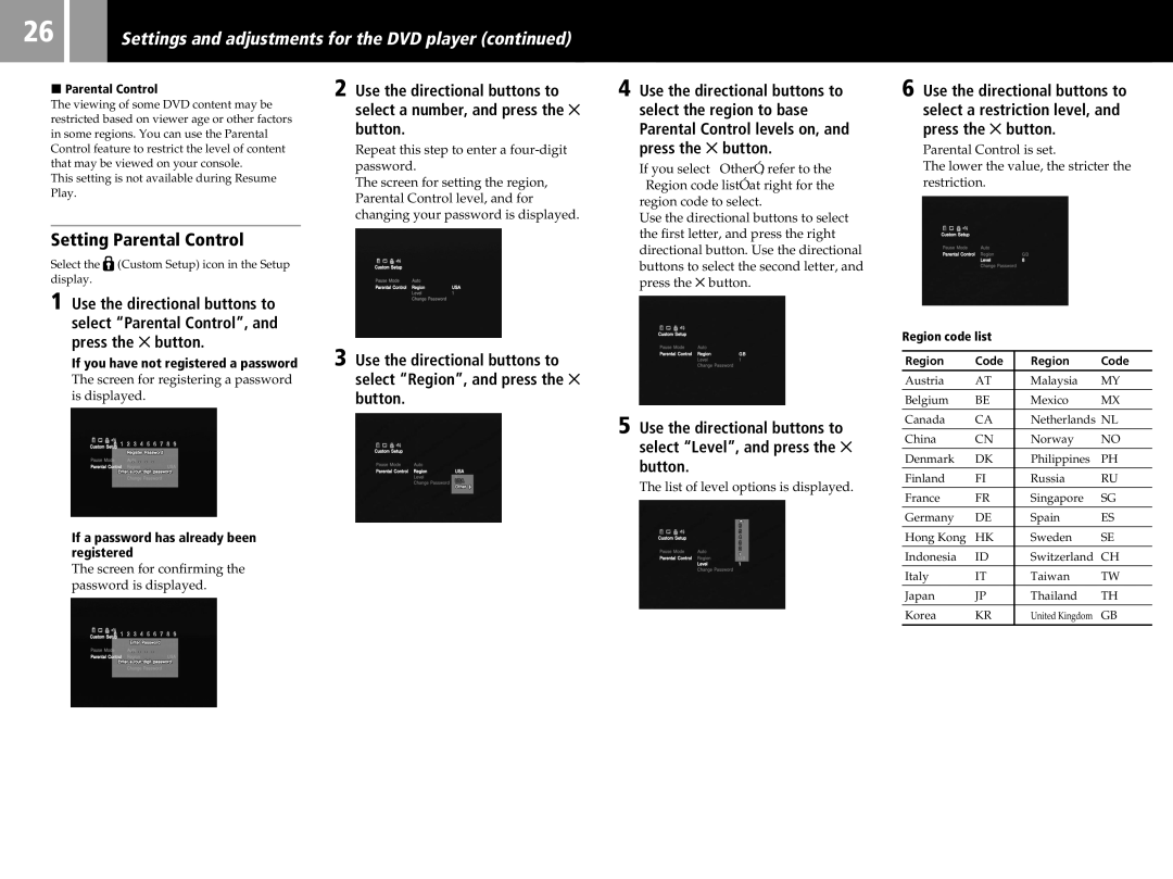 Sony SCPH-50011 instruction manual Setting Parental Control, Screen for registering a password is displayed 