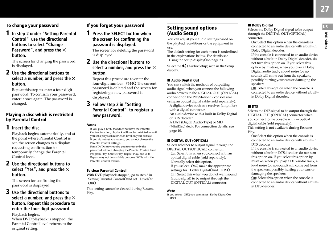 Sony SCPH-50011 instruction manual If you forget your password, Setting sound options Audio Setup 