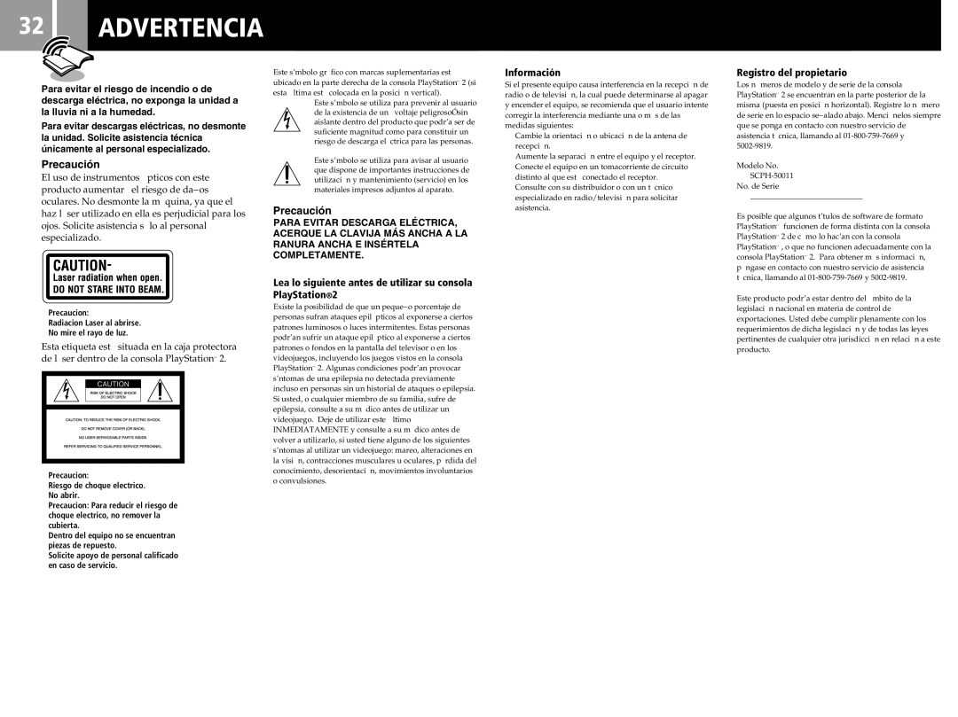 Sony SCPH-50011 Lea lo siguiente antes de utilizar su consola PlayStation2, Información, Registro del propietario 