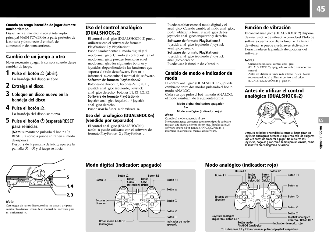 Sony SCPH-50011 instruction manual Cambio de un juego a otro, Función de vibración, Modo digital indicador apagado 