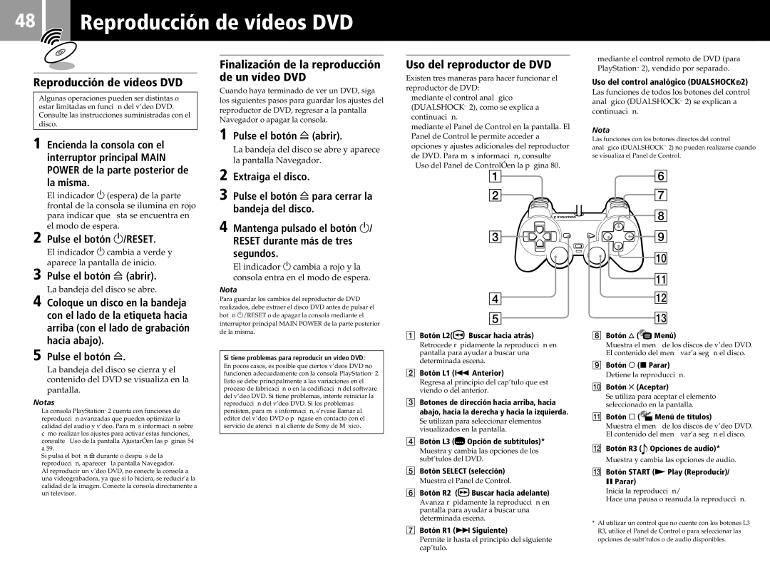 Sony SCPH-50011 instruction manual Reproducción de vídeos DVD, Uso del reproductor de DVD, Pulse el botón 1/RESET 