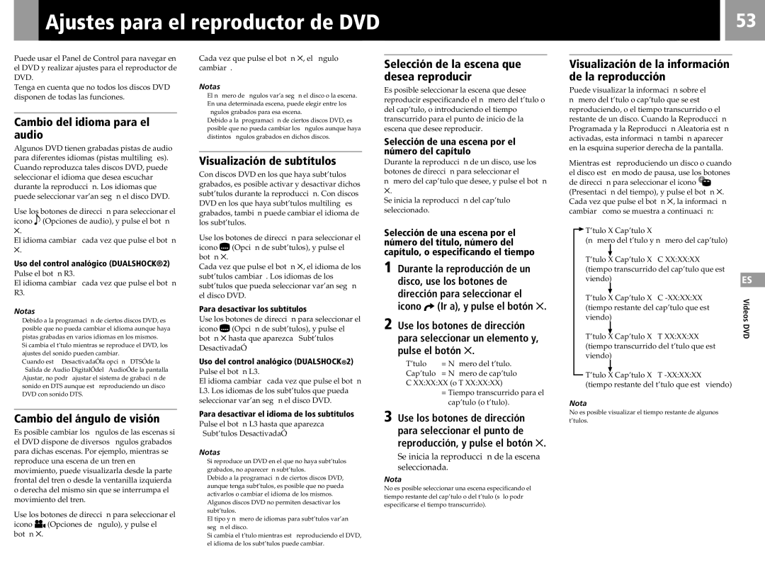 Sony SCPH-50011 instruction manual Visualización de subtítulos, Cambio del ángulo de visión, Para desactivar los subtítulos 