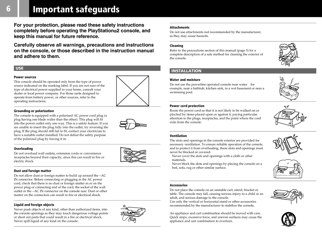 Sony SCPH-50011 instruction manual Important safeguards 