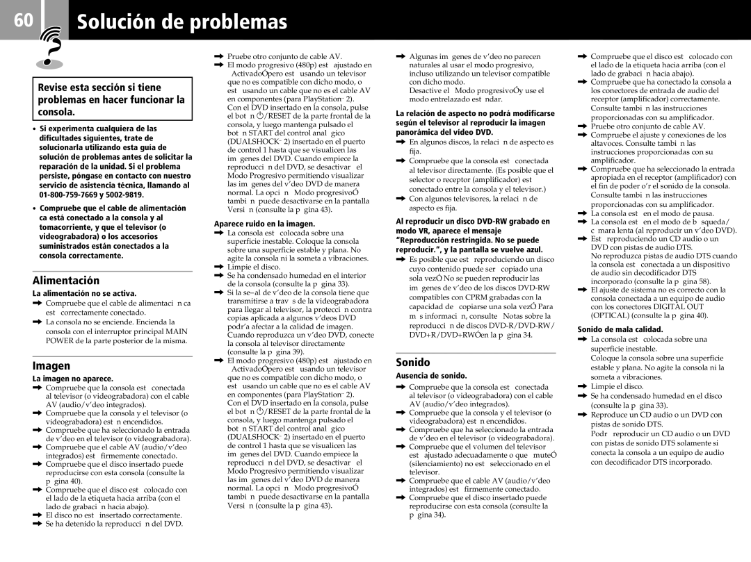 Sony SCPH-50011 instruction manual Solución de problemas, Alimentación, Imagen, Sonido 