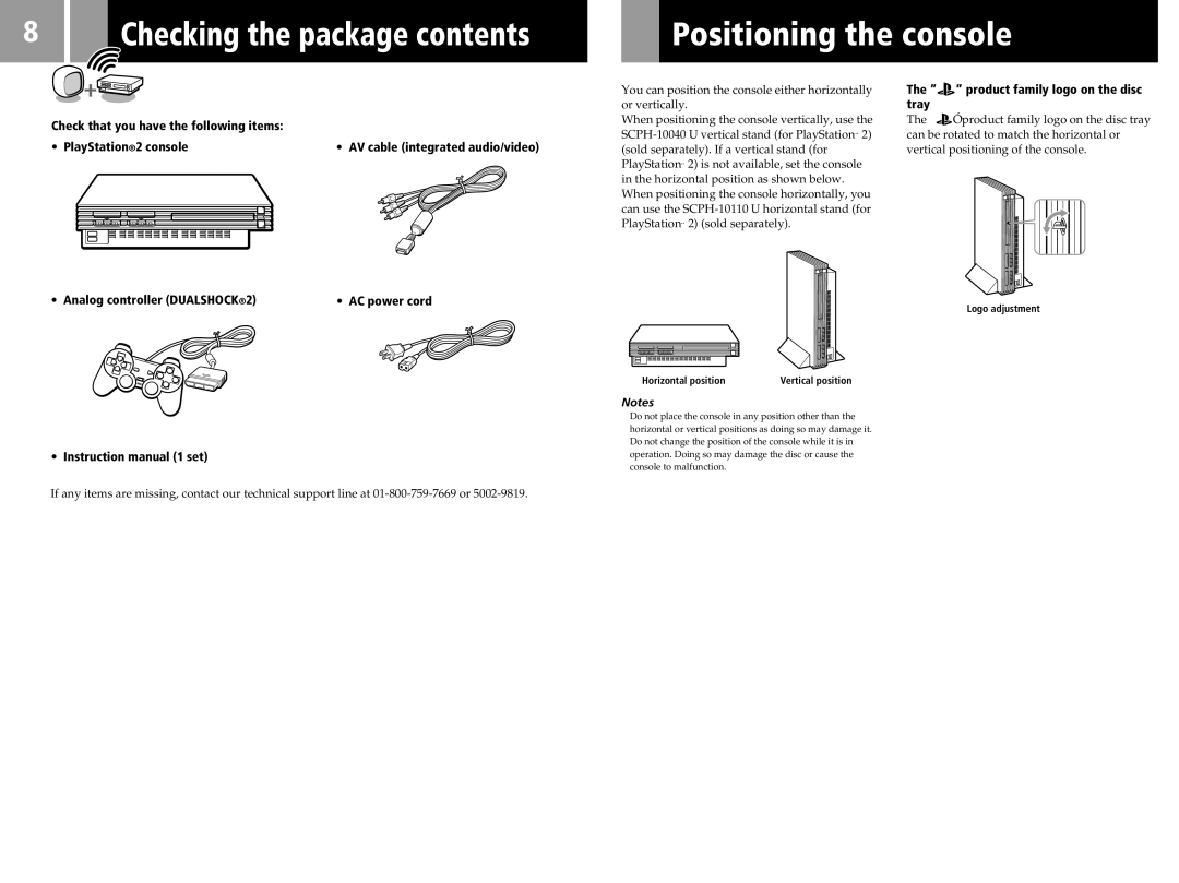 Sony SCPH-50011 Positioning the console, Product family logo on the disc tray, Analog controller Dualshock 