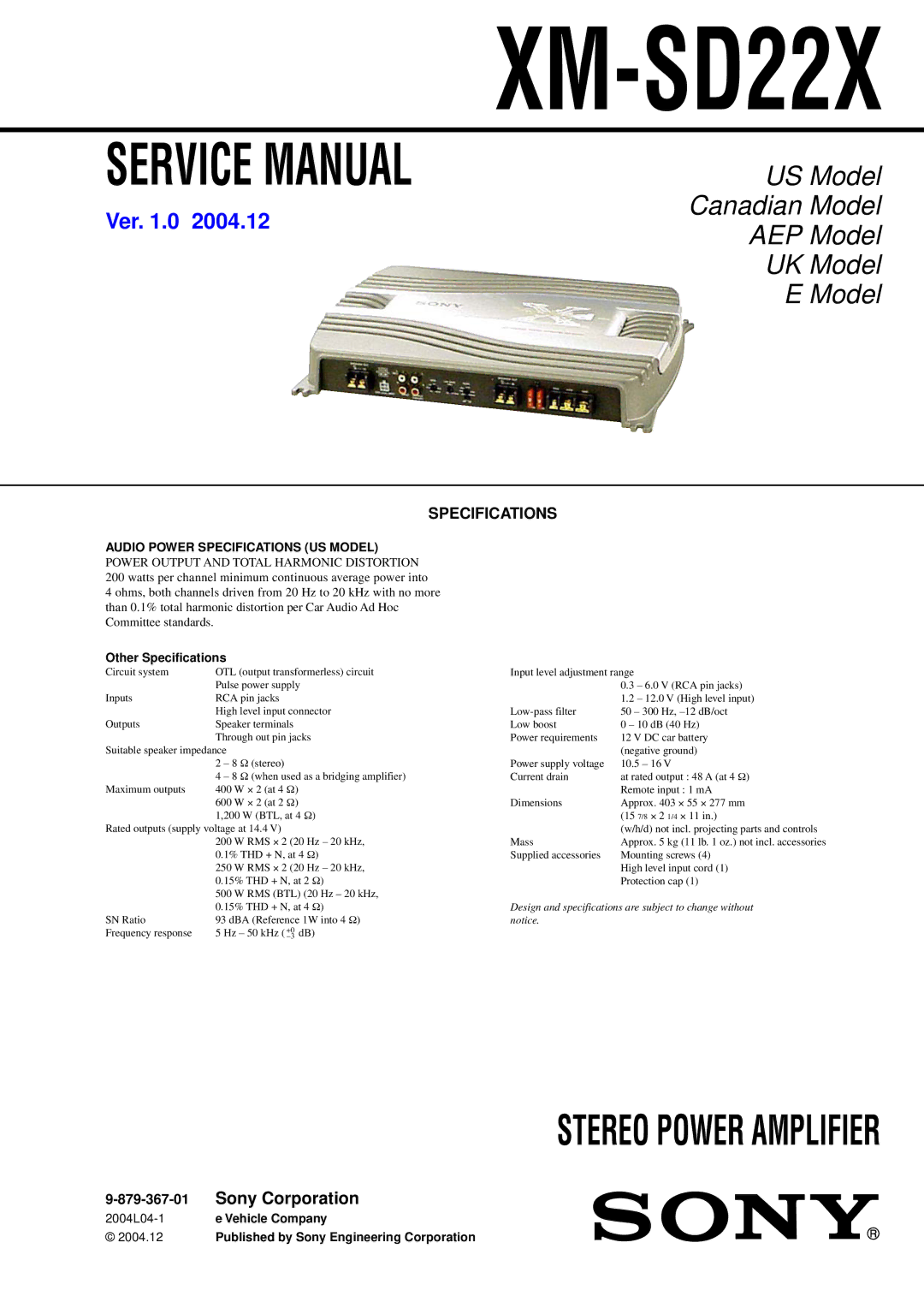 Sony service manual XM-SD22X, Specifications 