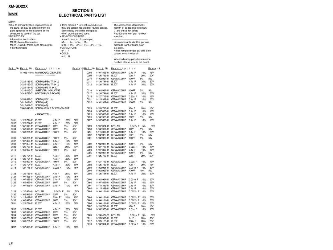 Sony service manual XM-SD22X Section, Electrical Parts List, Main 