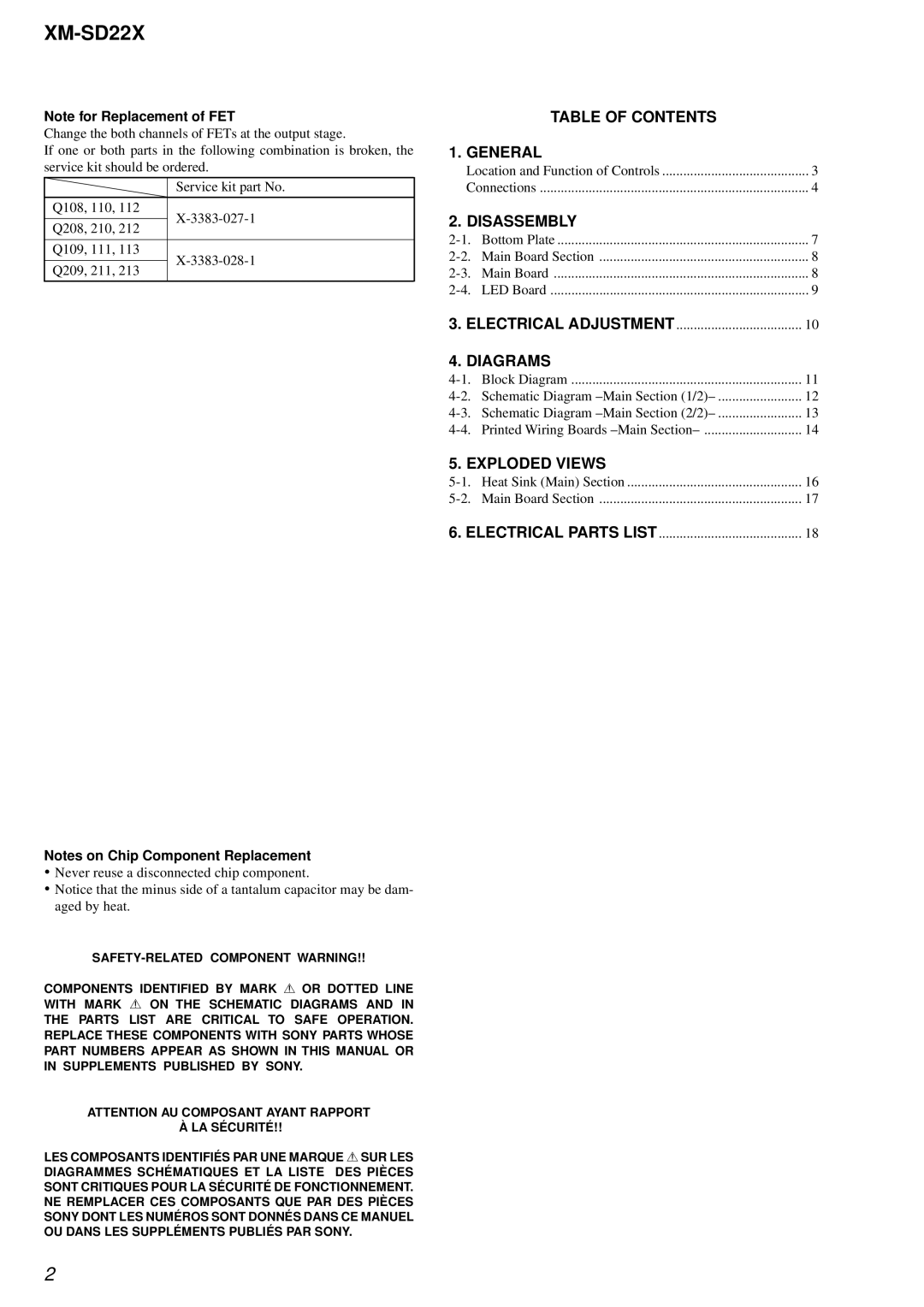 Sony service manual XM-SD22X, Table of Contents General, Disassembly, Diagrams, Exploded Views 