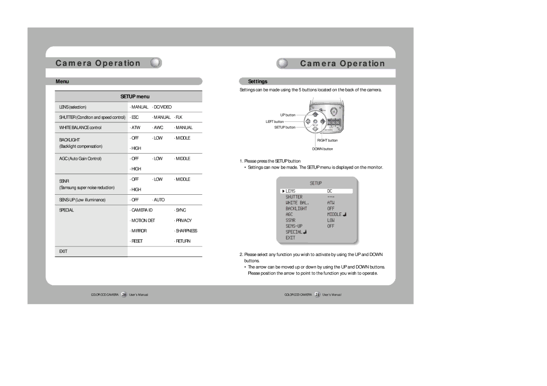 Sony SDC-313A instruction manual Camera Operation, Menu Setup menu, Settings, Please press the Setup button 