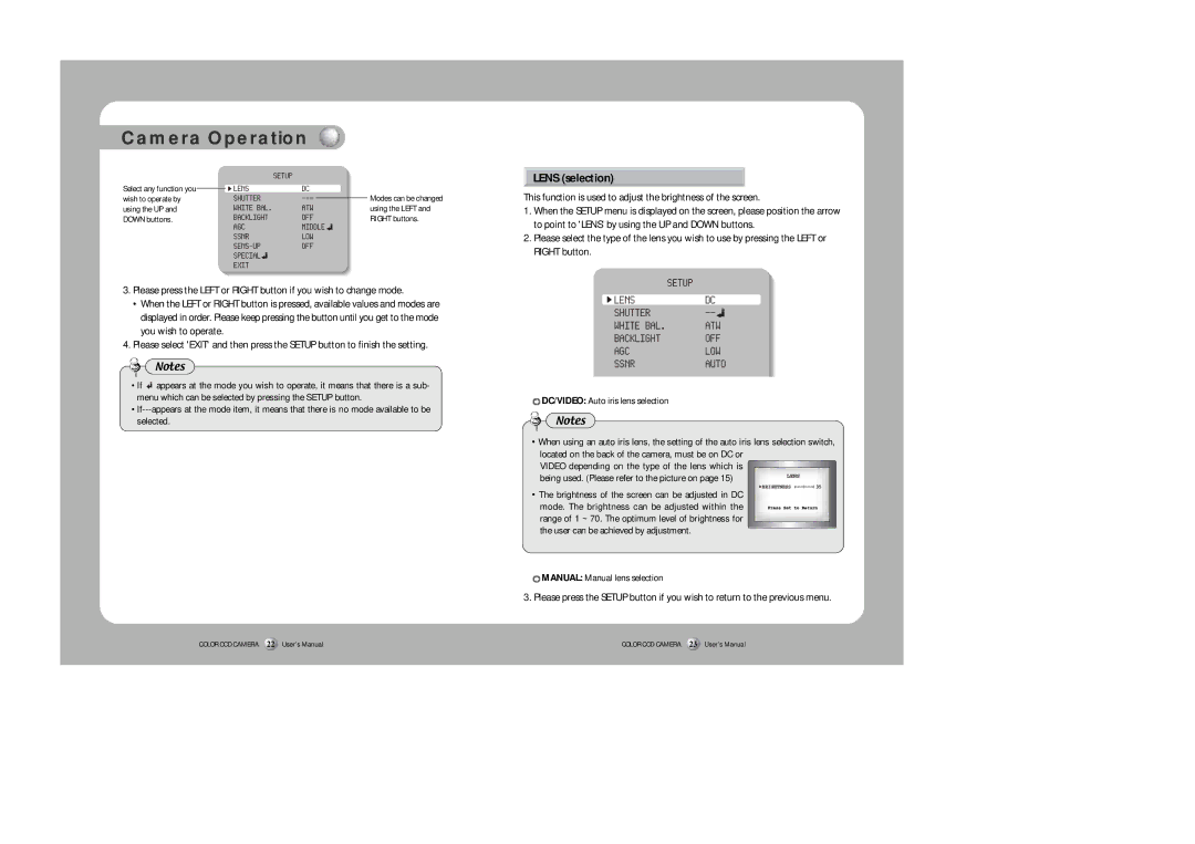 Sony SDC-313A instruction manual Lens selection, DC/VIDEO Auto iris lens selection, Manual Manual lens selection 