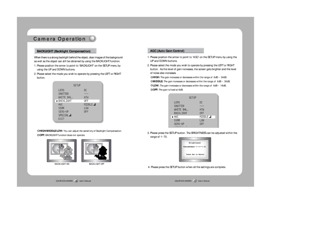 Sony SDC-313A instruction manual Backlight Backlight Compensation, AGC Auto Gain Control 